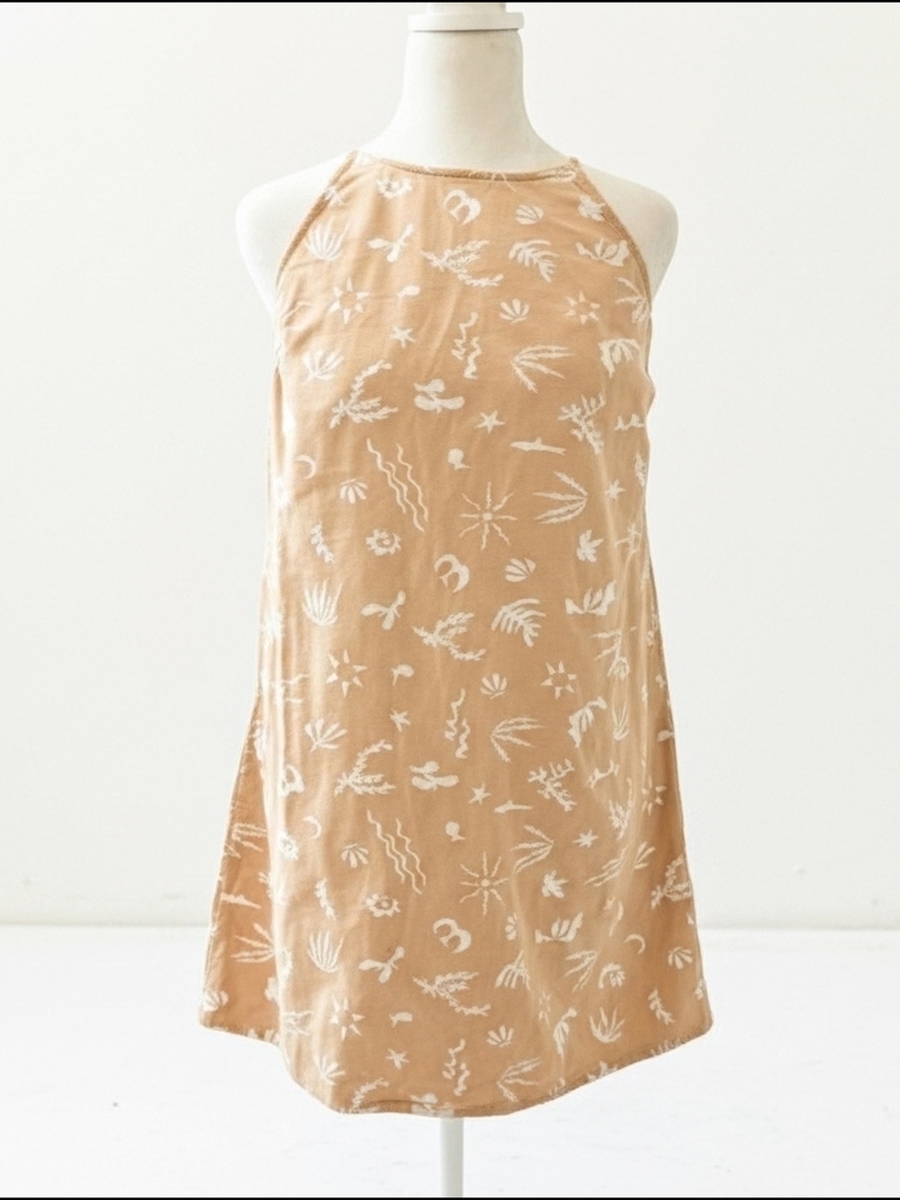A New Day Tan Halter Dress with White Botanical Print